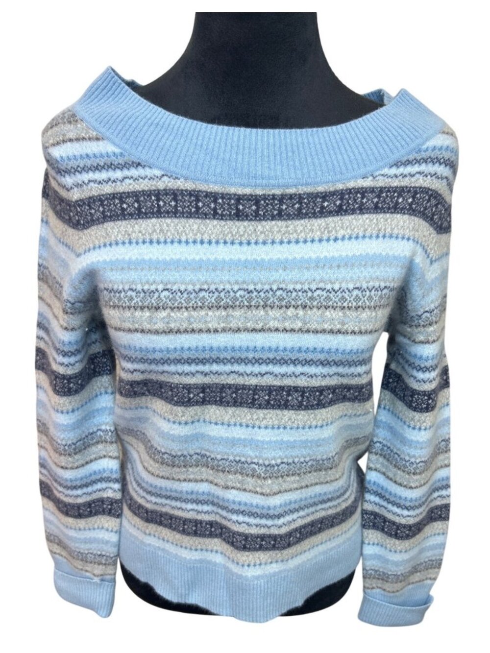 Talbots Women's S Blue Fair Isle Stripe Nordic Lambswool Angora Pullover Sweater